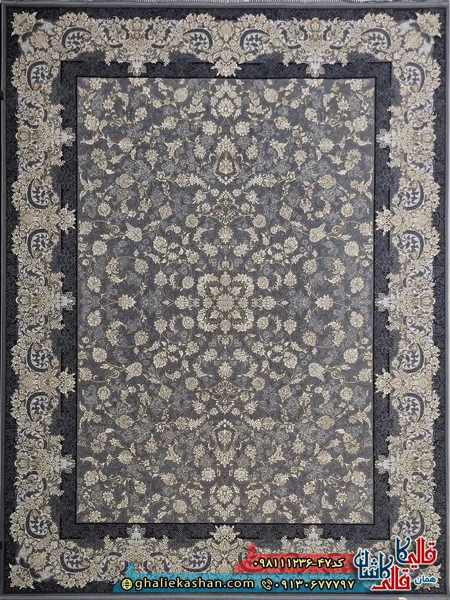 فرش طلاکوب 1200 شانه طرح افشان مهر رنگ طوسی نقره ای گل برجسته کاشان اصلی
