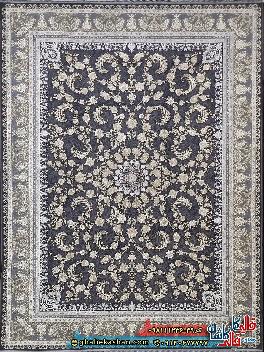فرش طلاکوب 1200 شانه طرح افشان گندم رنگ طوسی دودی گل برجسته کاشان اصلی