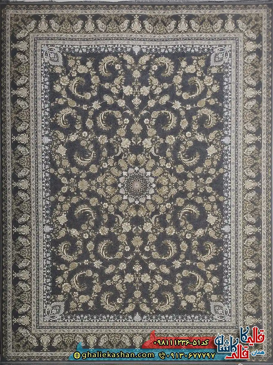 فرش طلاکوب 1200 شانه طرح افشان گندم رنگ طوسی نقره ای گل برجسته کاشان اصلی