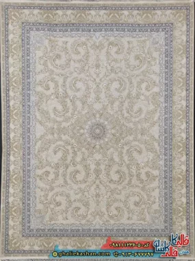 فرش طلاکوب 1200 شانه طرح افشان گندم رنگ کرم گل برجسته کاشان اصلی