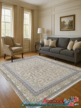 فرش طلاکوب 1200 شانه طرح افشان گندم رنگ کرم گل برجسته کاشان