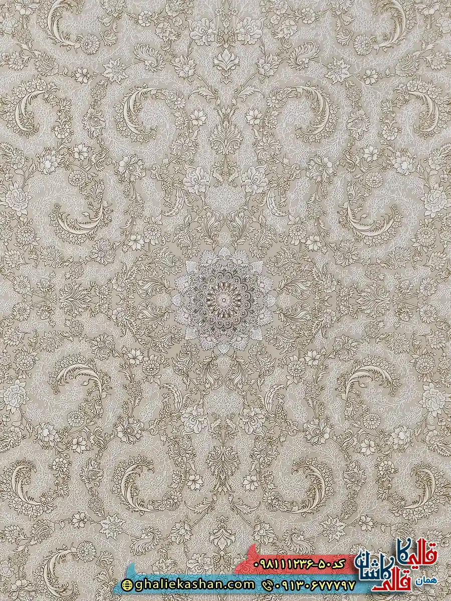 فرش طلاکوب 1200 شانه طرح افشان گندم رنگ کرم گل برجسته کاشان زمینه