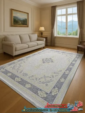 فرش طلاکوب 1200 شانه طرح ترلان رنگ کرم گل برجسته کاشان