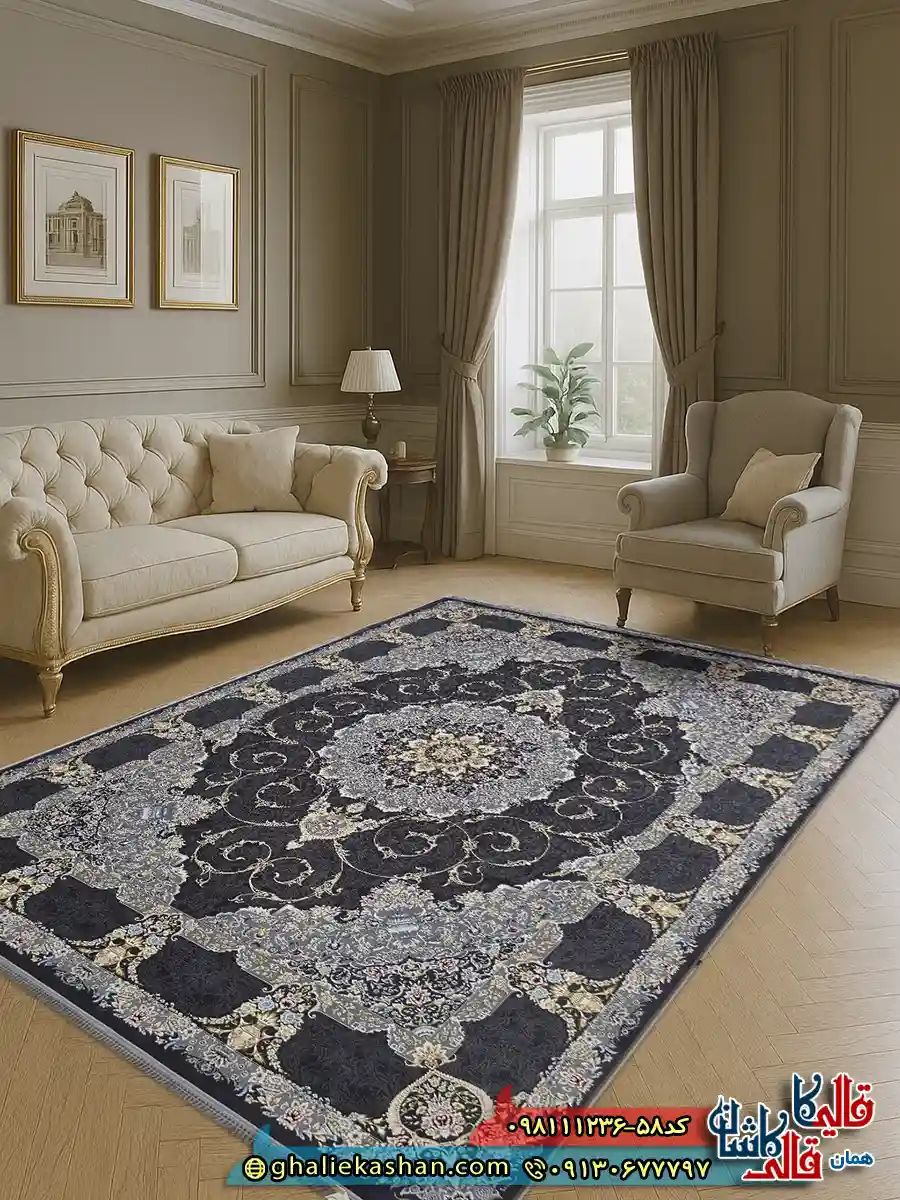 فرش طلاکوب 1200 شانه طرح تندیس رنگ طوسی دودی گل برجسته کاشان دکوراسیون فرش طلاکوب 1200 شانه طرح تندیس رنگ طوسی دودی گل برجسته کاشان دکوراسیون