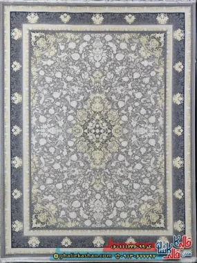 فرش طلاکوب 1200 شانه طرح رایان رنگ طوسی نقره ای گل برجسته کاشان اصلی