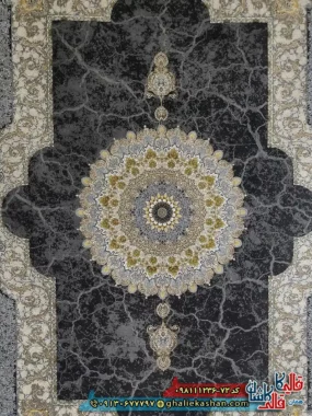 فرش طلاکوب 1200 شانه طرح نسیم رنگ طوسی دودی گل برجسته کاشان زمینه