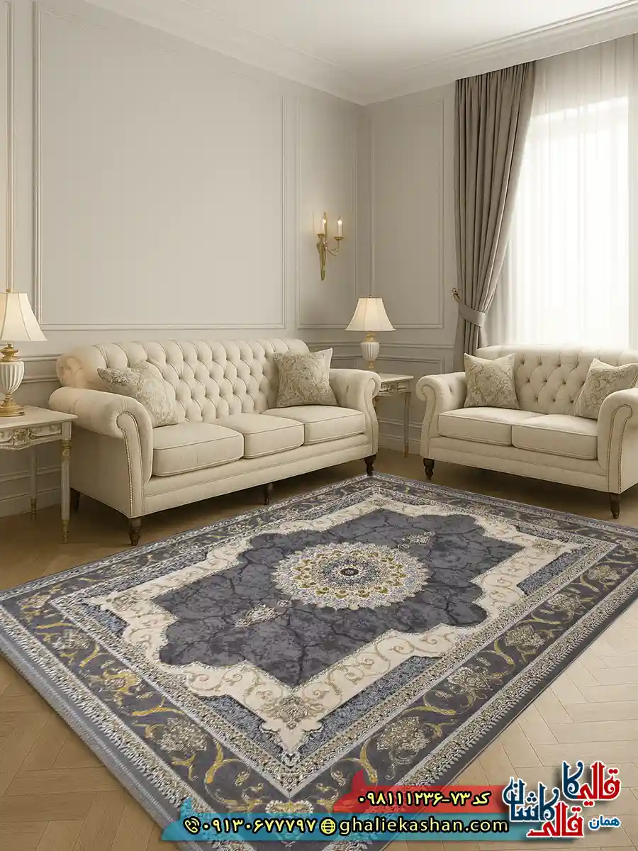 فرش طلاکوب 1200 شانه طرح نسیم رنگ طوسی نقره ای گل برجسته کاشان دکوراسیون