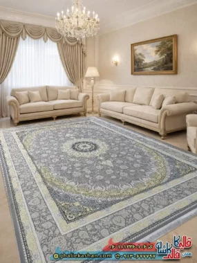 فرش طلاکوب 1200 شانه طرح رویان رنگ طوسی نقره ای گل برجسته کاشان