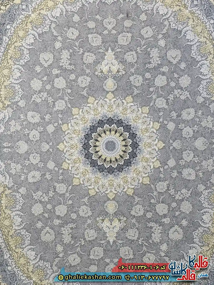 فرش طلاکوب 1200 شانه طرح رویان رنگ طوسی نقره ای گل برجسته کاشان زمینه