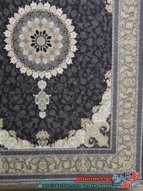 فرش طلاکوب 1200 شانه طرح شاهکار اصفهان رنگ طوسی دودی گل برجسته کاشان حاشیه