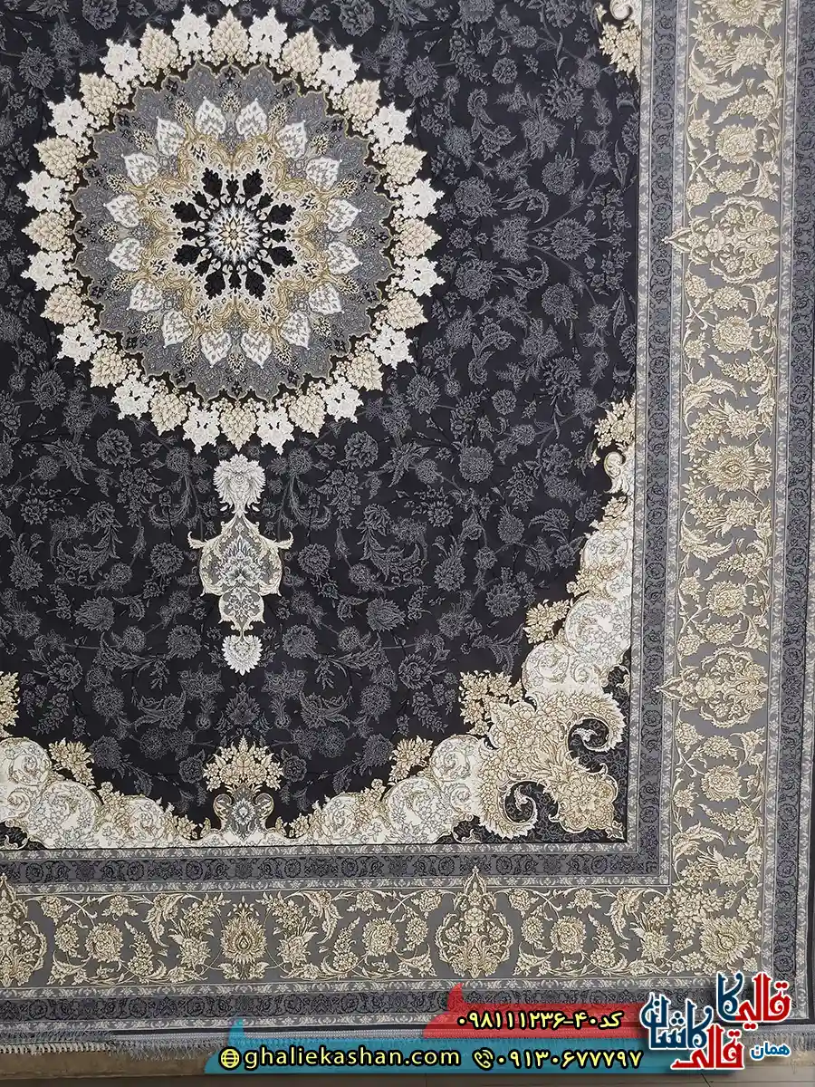 فرش طلاکوب 1200 شانه طرح شاهکار اصفهان رنگ طوسی دودی گل برجسته کاشان حاشیه