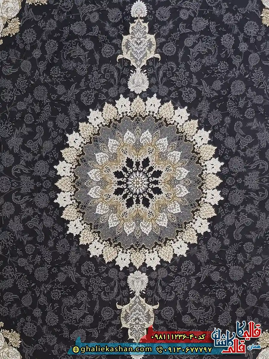 فرش طلاکوب 1200 شانه طرح شاهکار اصفهان رنگ طوسی دودی گل برجسته کاشان زمینه