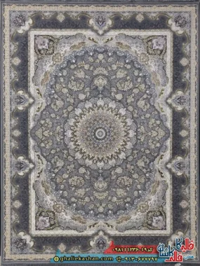 فرش طلاکوب 1200 شانه طرح شکوه رنگ طوسی نقره ای گل برجسته کاشان اصلی