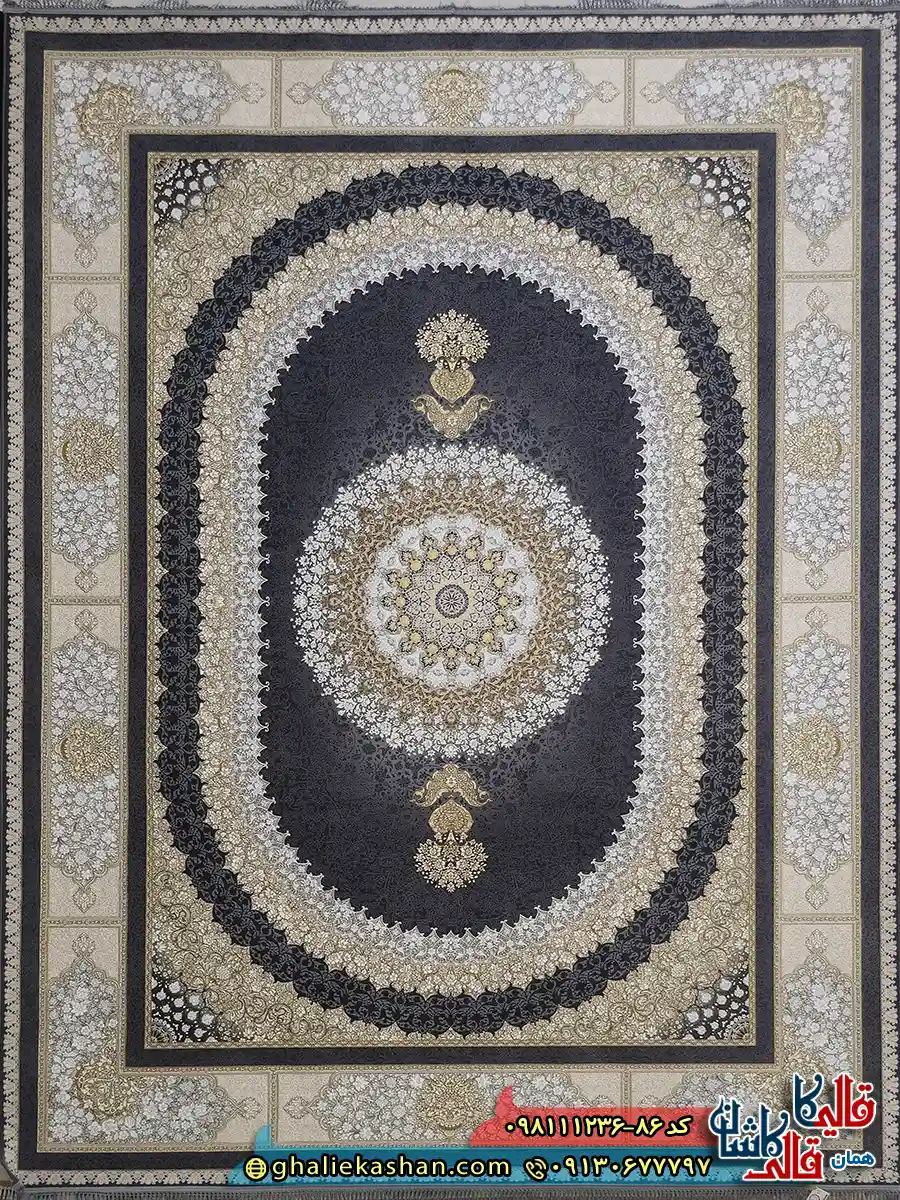 فرش طلاکوب 1200 شانه طرح صدرا رنگ طوسی دودی گل برجسته کاشان اصلی