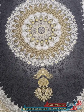 فرش طلاکوب 1200 شانه طرح صدرا رنگ طوسی دودی گل برجسته کاشان زمینه