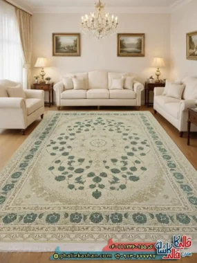 فرش طلاکوب 1200 شانه طرح مهدیس رنگ کرم صدفی سبز گل برجسته کاشان
