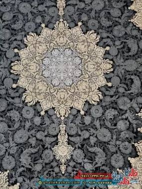 فرش طلاکوب 1200 شانه طرح مهسان رنگ سرمه ای گل برجسته کاشان زمینه
