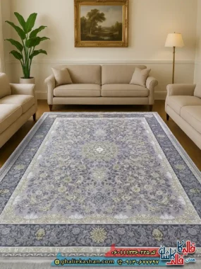 فرش طلاکوب 1200 شانه طرح پرستش رنگ طوسی یاسی گل برجسته کاشان