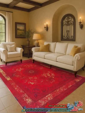 فرش طلاکوب وینتیج 700 شانه طرح رادان رنگ قرمز روناسی کاشان