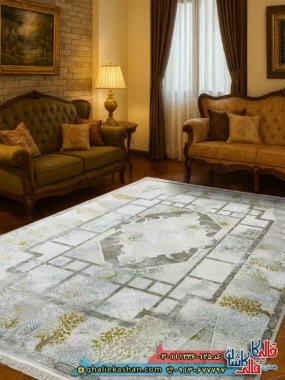 فرش مدرن وینتیج 1200 شانه خشتی طرح سپیدار رنگ کرم صدفی گل برجسته کاشان