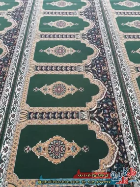 سجاده فرش نماز و مسجد 700 شانه کاشان طرح رضوان نگین رنگ سبز سیاه