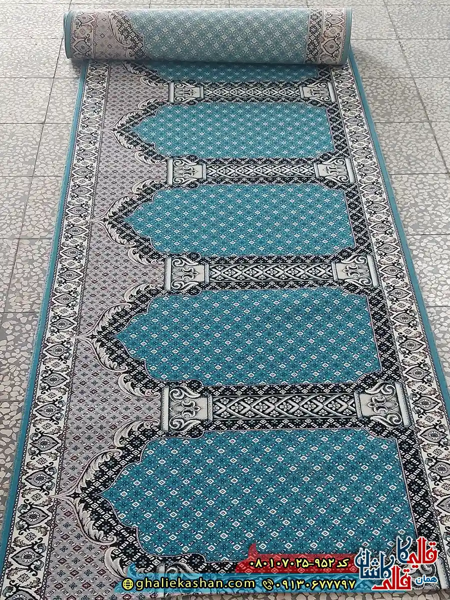 فرش مسجد 700 شانه طرح رضوان کتیبه ریز ماهی رنگ آبی کاشان سجاده فرش رولی