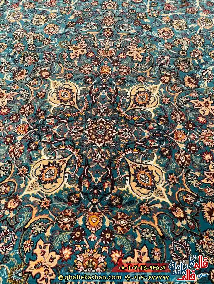 فرش نماز 700 شانه طرح بشارت رنگ آبی فیروزه ای کاشان نزدیک