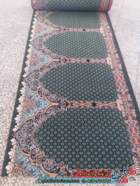 فرش نماز مسجد 700 شانه طرح طوبی ریز ماهی رنگ سبز کاشان سجاده فرش رولی