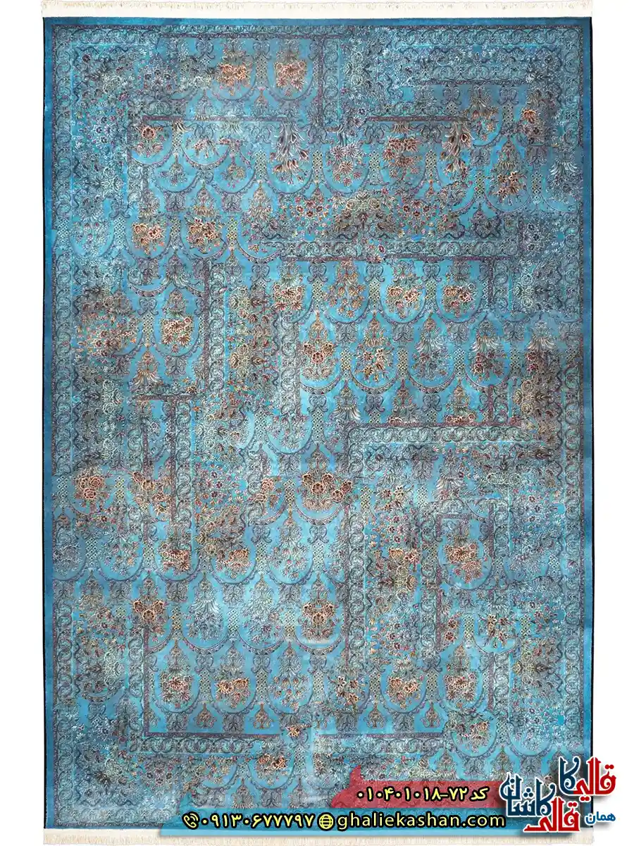 فرش وینتیج 1000 شانه طرح طاق امیری چهل بند زمینه آبی فیروزه ای کاشان اصلی