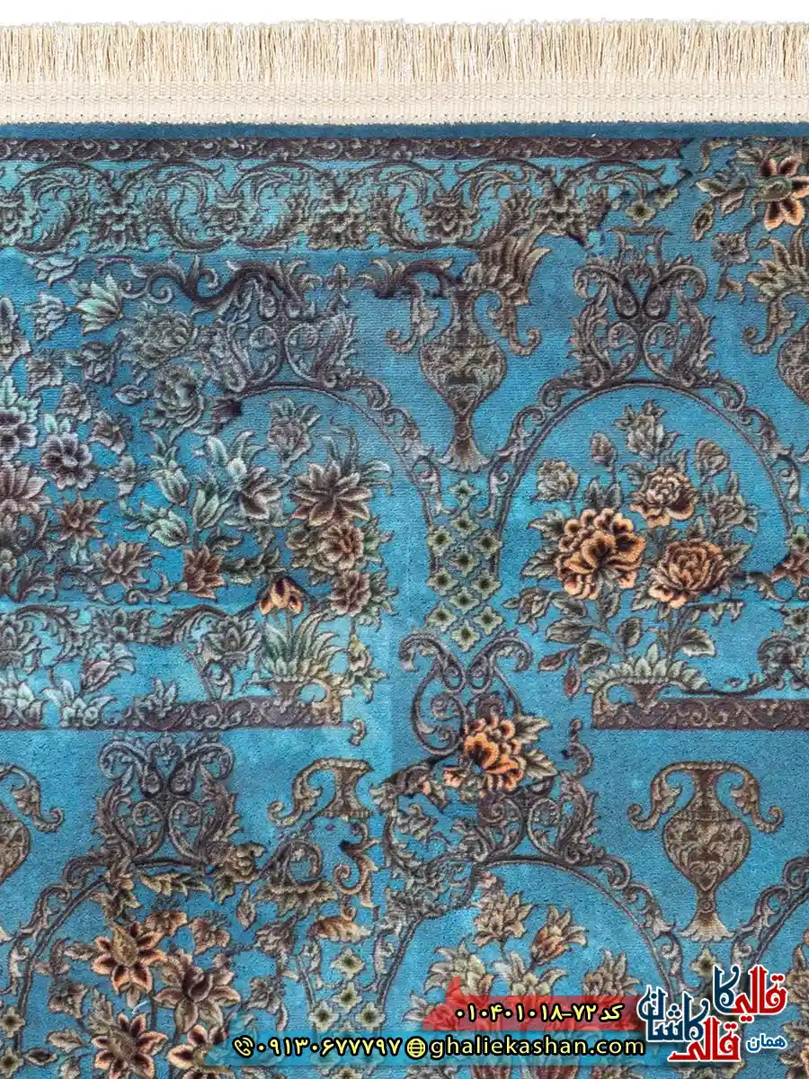 فرش وینتیج 1000 شانه طرح طاق امیری چهل بند زمینه آبی فیروزه ای کاشان نزدیک
