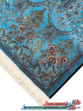 فرش وینتیج 1000 شانه طرح طاق امیری چهل بند زمینه آبی فیروزه ای کاشان نزدیک2