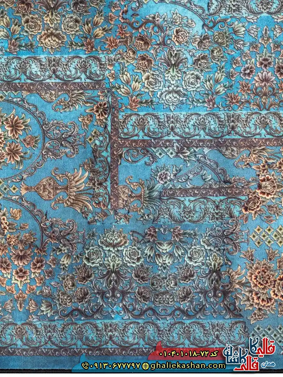 فرش وینتیج 1000 شانه طرح طاق امیری چهل بند زمینه آبی فیروزه ای کاشان نزدیک3