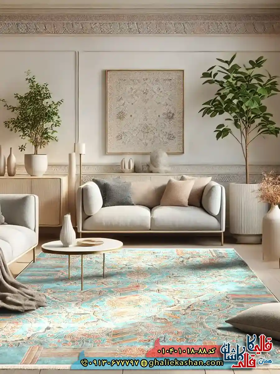 فرش وینتیج 1000 شانه طرح نونقش هما زمینه سبز دریایی کاشان دکوراسیون