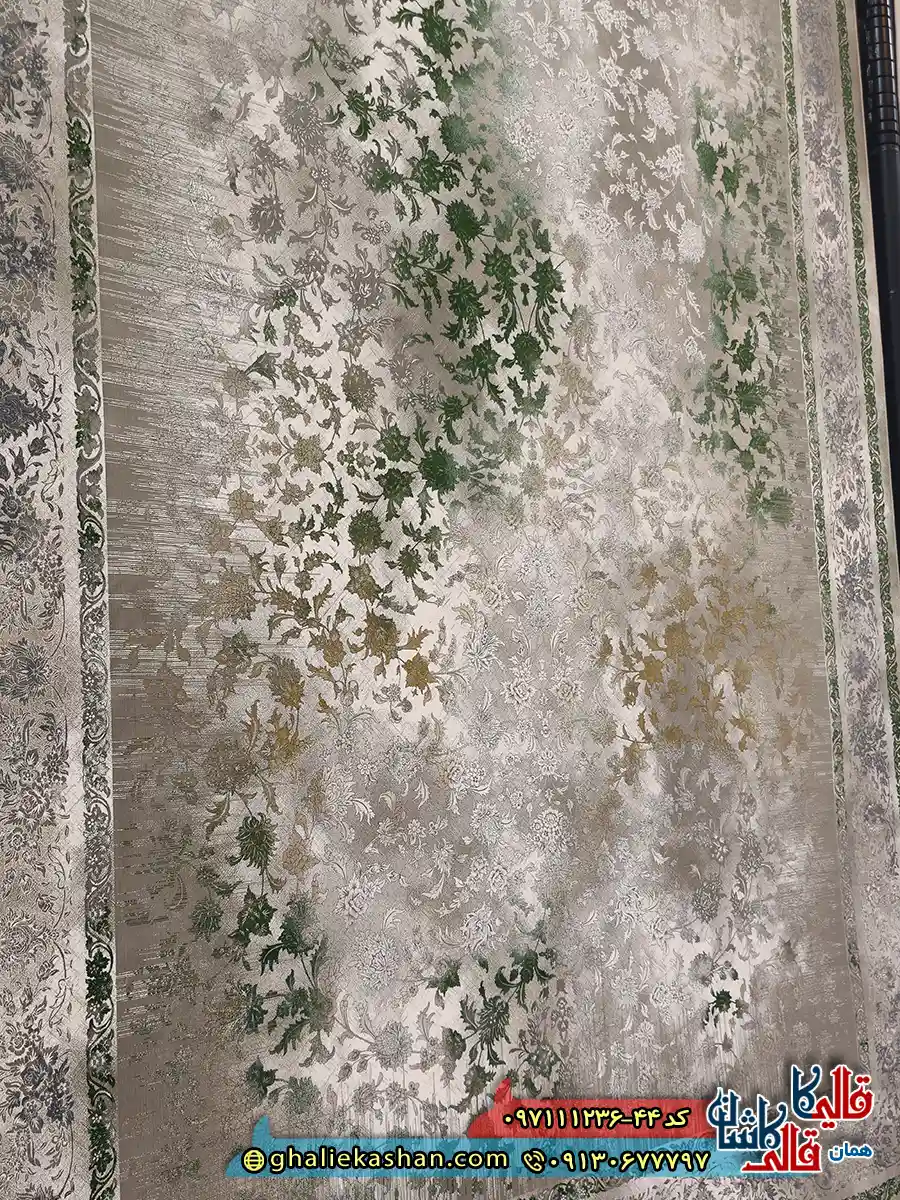 فرش وینتیج 1200 شانه طرح افشان باراد رنگ فیلی سبز گل برجسته کاشان زمینه