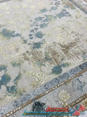 فرش وینتیج 1200 شانه طرح افشان میلان رنگ فیلی ترمه ای آبی گل برجسته کاشان زمینه