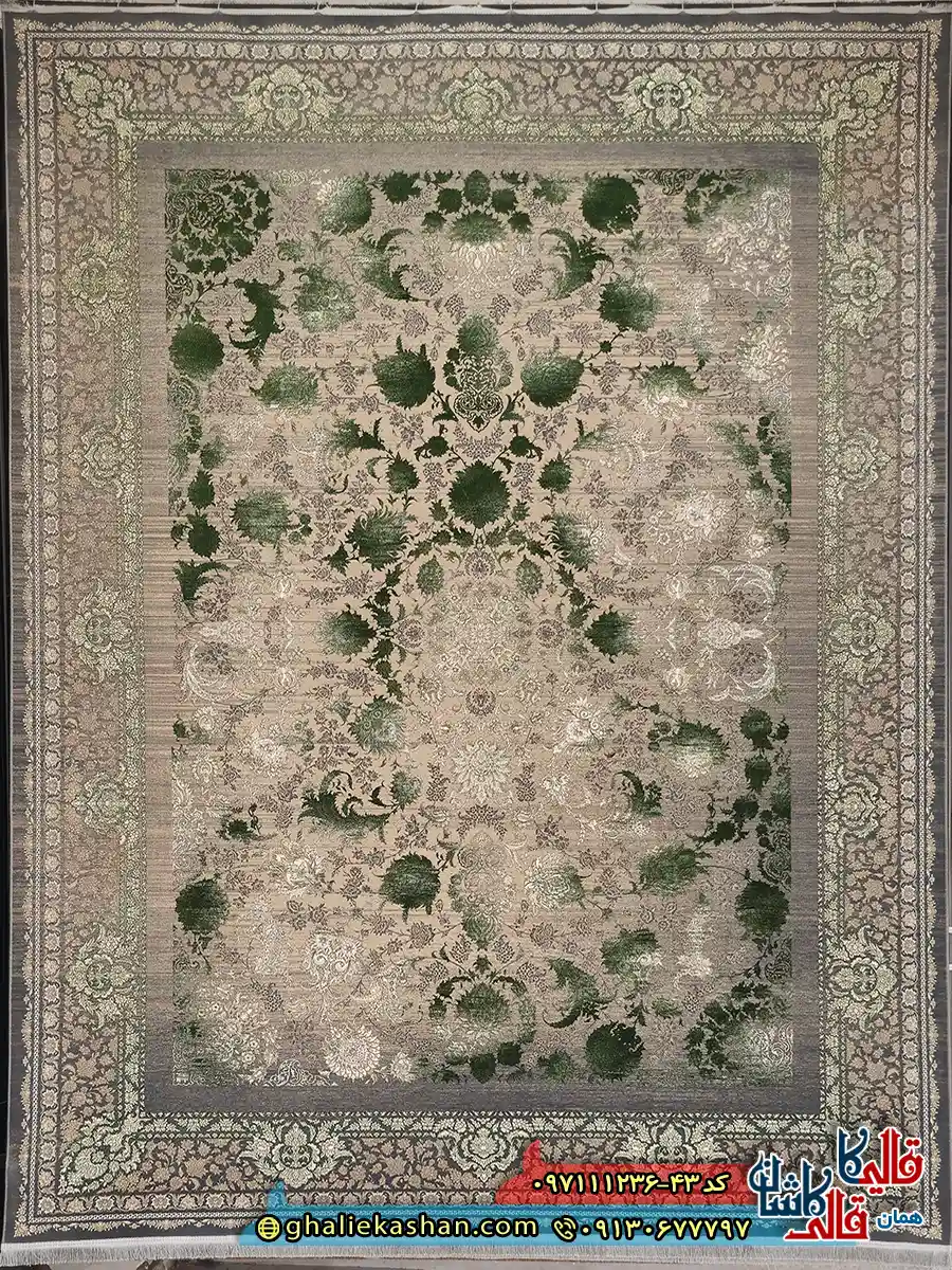 فرش وینتیج 1200 شانه طرح افشان هستی رنگ فیلی سبز گل برجسته کاشان اصلی