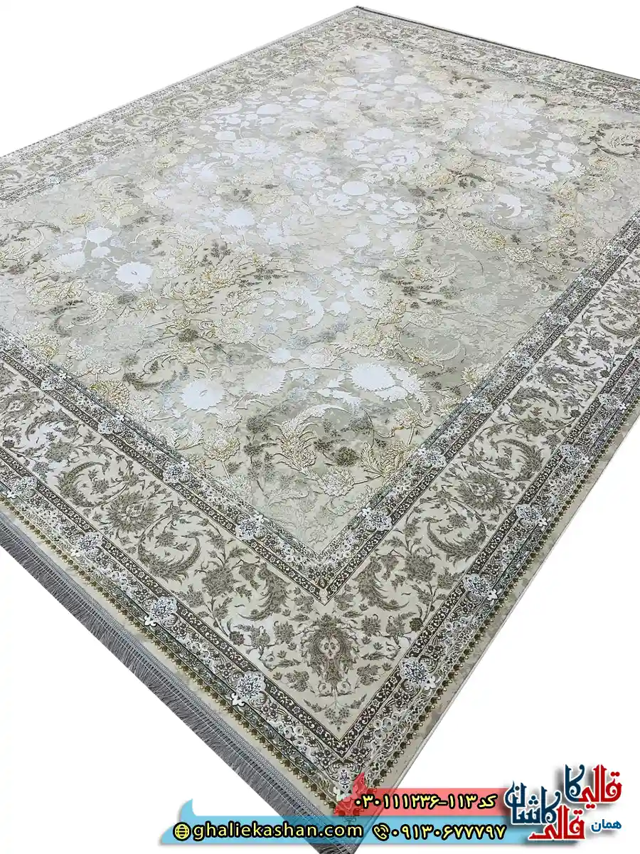 فرش وینتیج 1200 شانه طرح افشان پریناز رنگ کرم صدفی گل برجسته کاشان اصلی