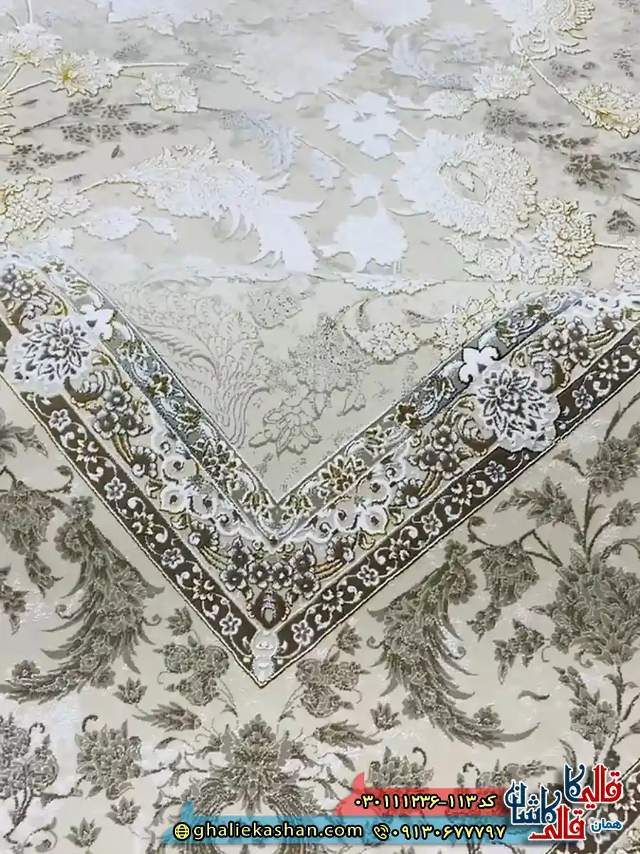 فرش وینتیج 1200 شانه طرح افشان پریناز رنگ کرم صدفی گل برجسته کاشان نزدیک