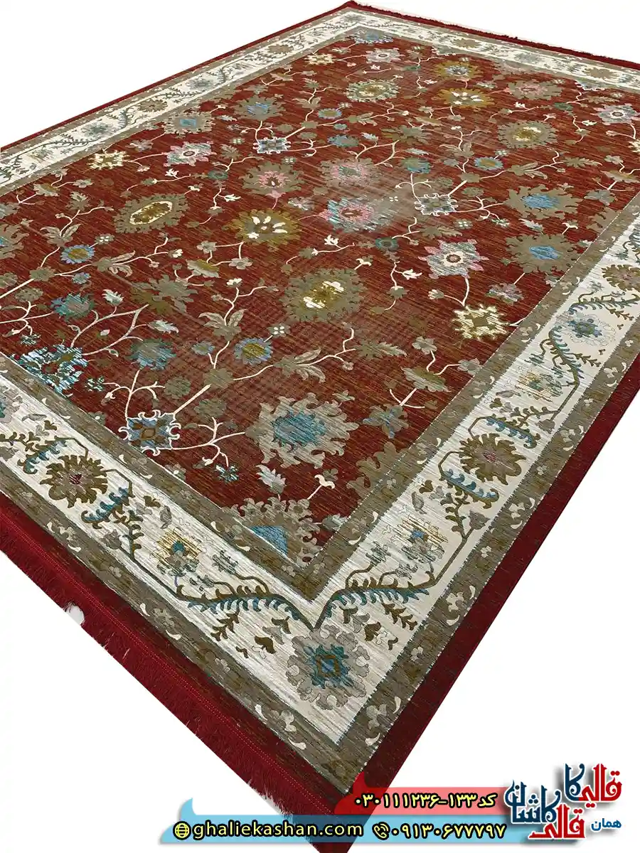 فرش وینتیج 1200 شانه طرح افشان گیلدا رنگ قرمز لاکی گل برجسته کاشان اصلی