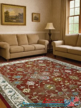 فرش وینتیج 1200 شانه طرح افشان گیلدا رنگ قرمز لاکی گل برجسته کاشان