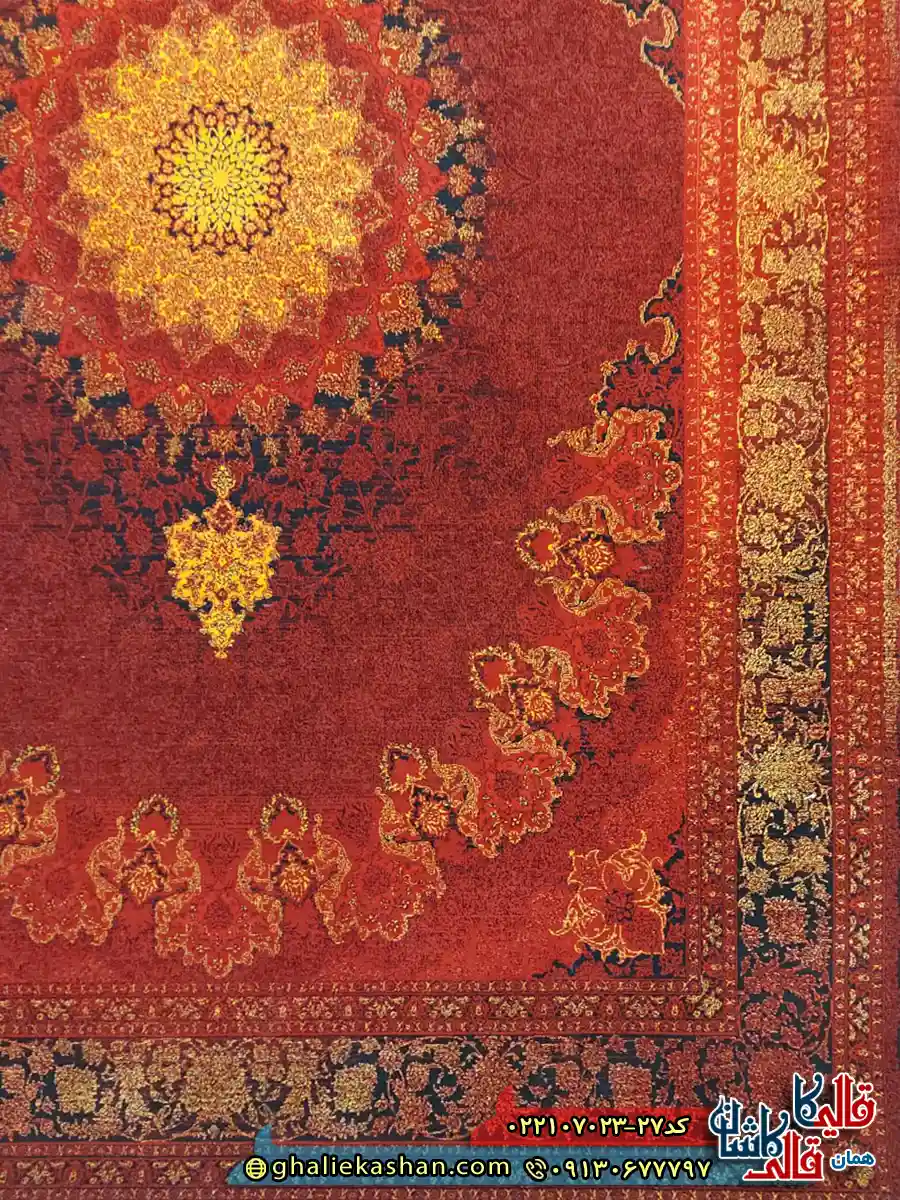 فرش وینتیج 700 شانه طرح آلما رنگ قرمز روناسی کاشان حاشیه