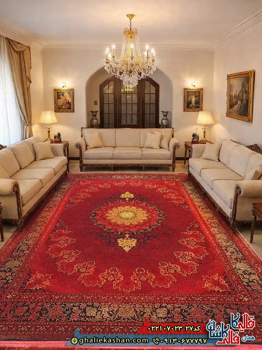 فرش وینتیج 700 شانه طرح آلما رنگ قرمز روناسی کاشان دکوراسیون