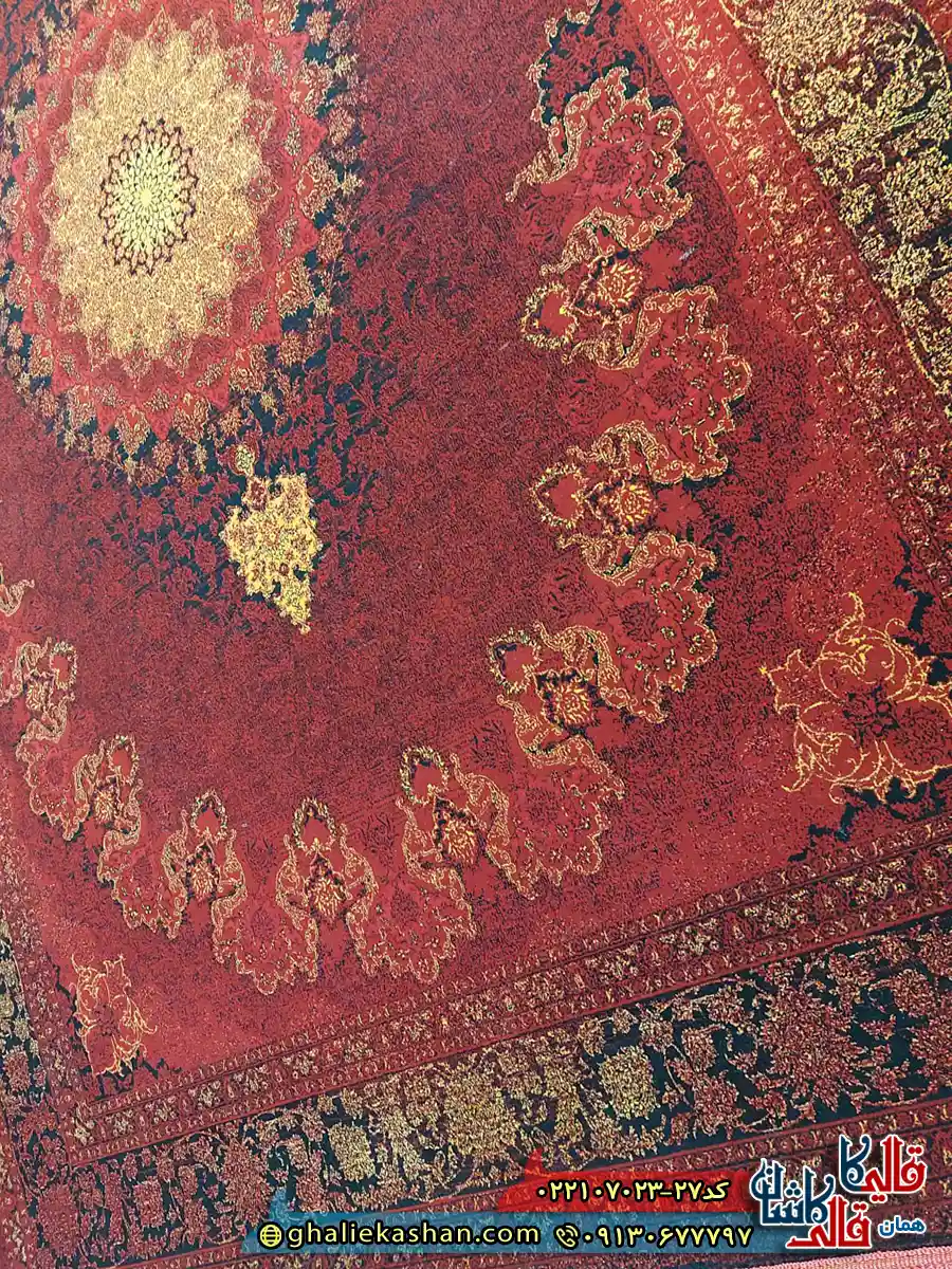 فرش وینتیج 700 شانه طرح آلما رنگ قرمز روناسی کاشان نزدیک