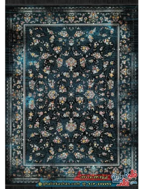 فرش وینتیج 700 شانه طرح افشان آریسا رنگ سرمه ای کاشان اصلی
