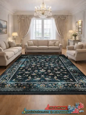 فرش وینتیج 700 شانه طرح افشان آریسا رنگ سرمه ای کاشان