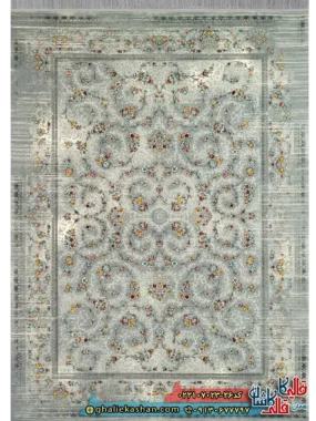 فرش وینتیج 700 شانه طرح افشان آریسا رنگ طوسی نقره ای کاشان اصلی