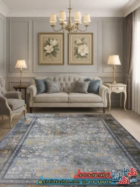 فرش وینتیج 700 شانه طرح مارینا رنگ سبز دودی کاشان