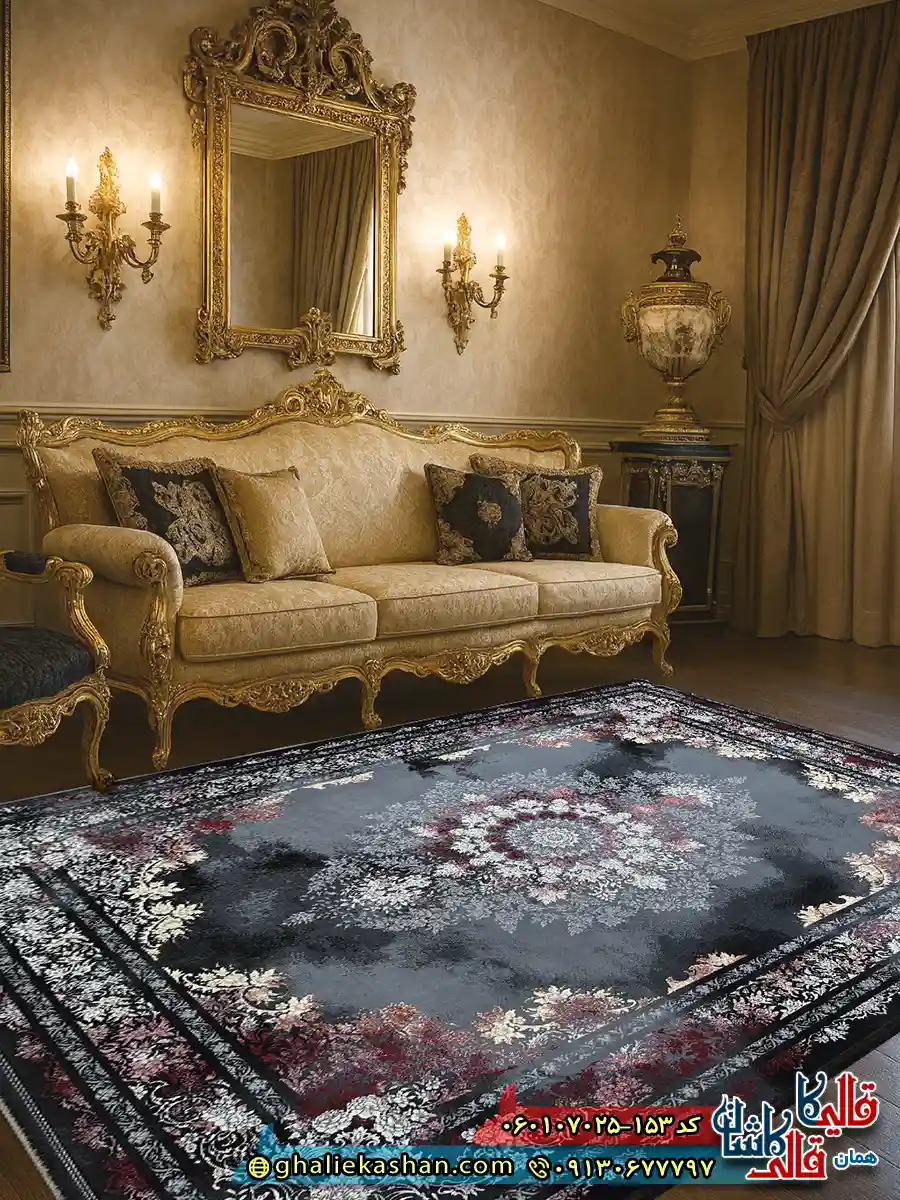 فرش وینتیج 700 شانه طرح درنیکا رنگ قرمز سرمه ای کاشان دکوراسیون