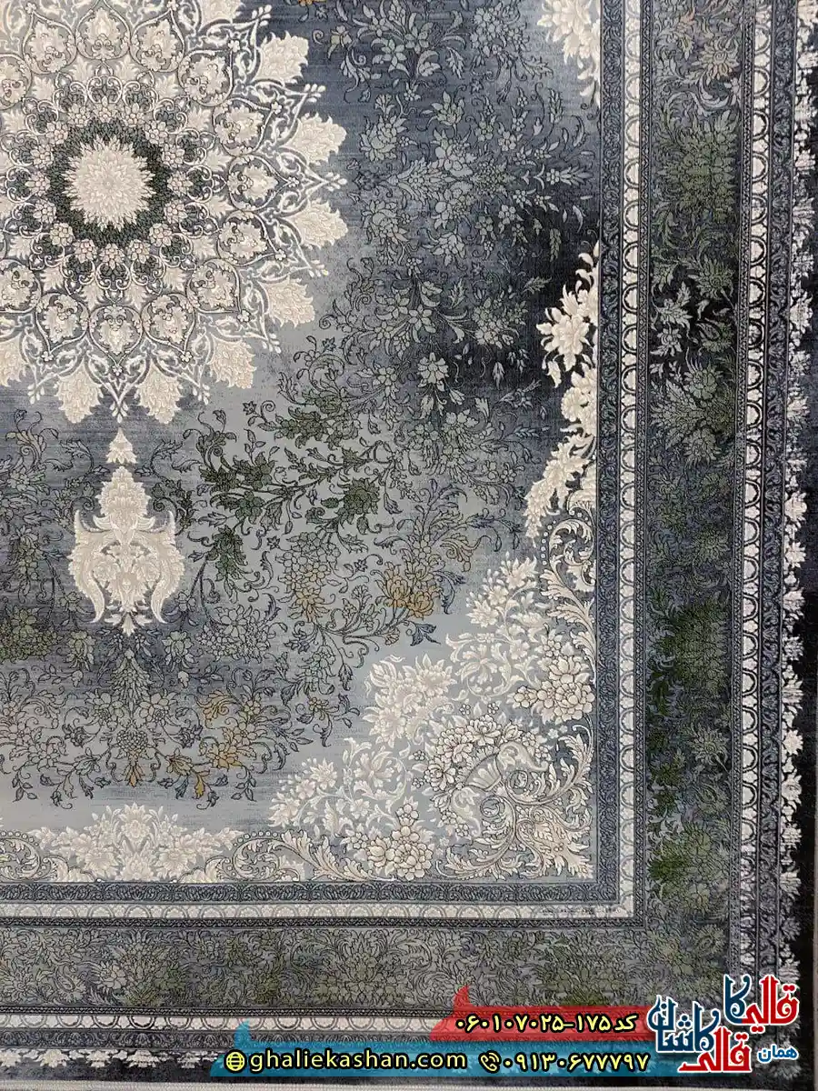 فرش وینتیج 700 شانه طرح میراژ رنگ سبز دودی کاشان حاشیه