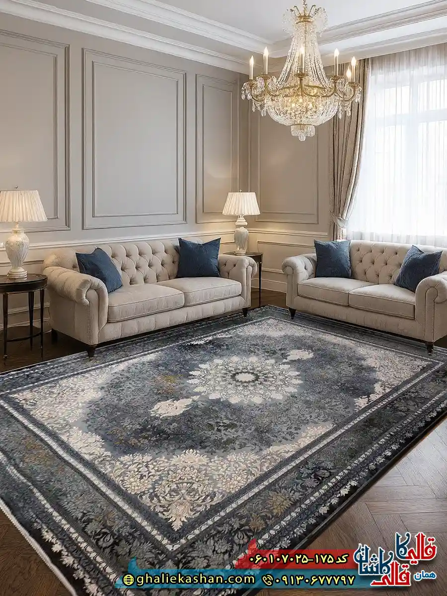 فرش وینتیج 700 شانه طرح میراژ رنگ سبز دودی کاشان دکوراسیون